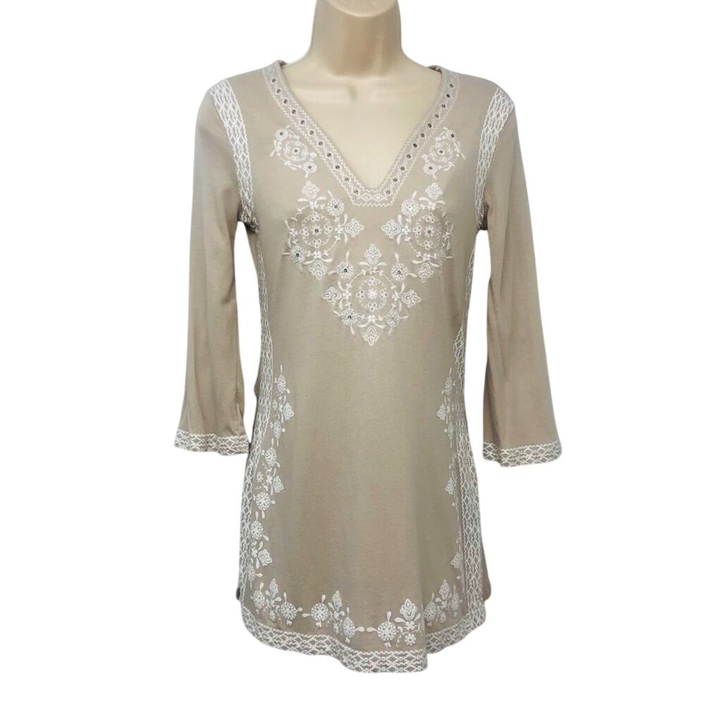 INC International Concepts Tan White Mosaic Print Tunic 3/4 sleeve V Neck